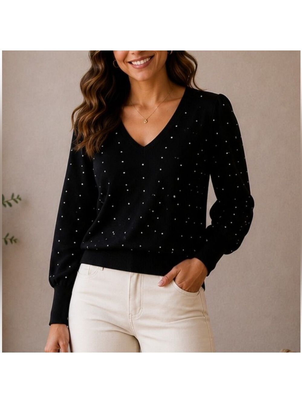 Daniel Rainn Black V-Neck Sweater w/White Micro Squares. 1X. 100% Viscose. EUC
